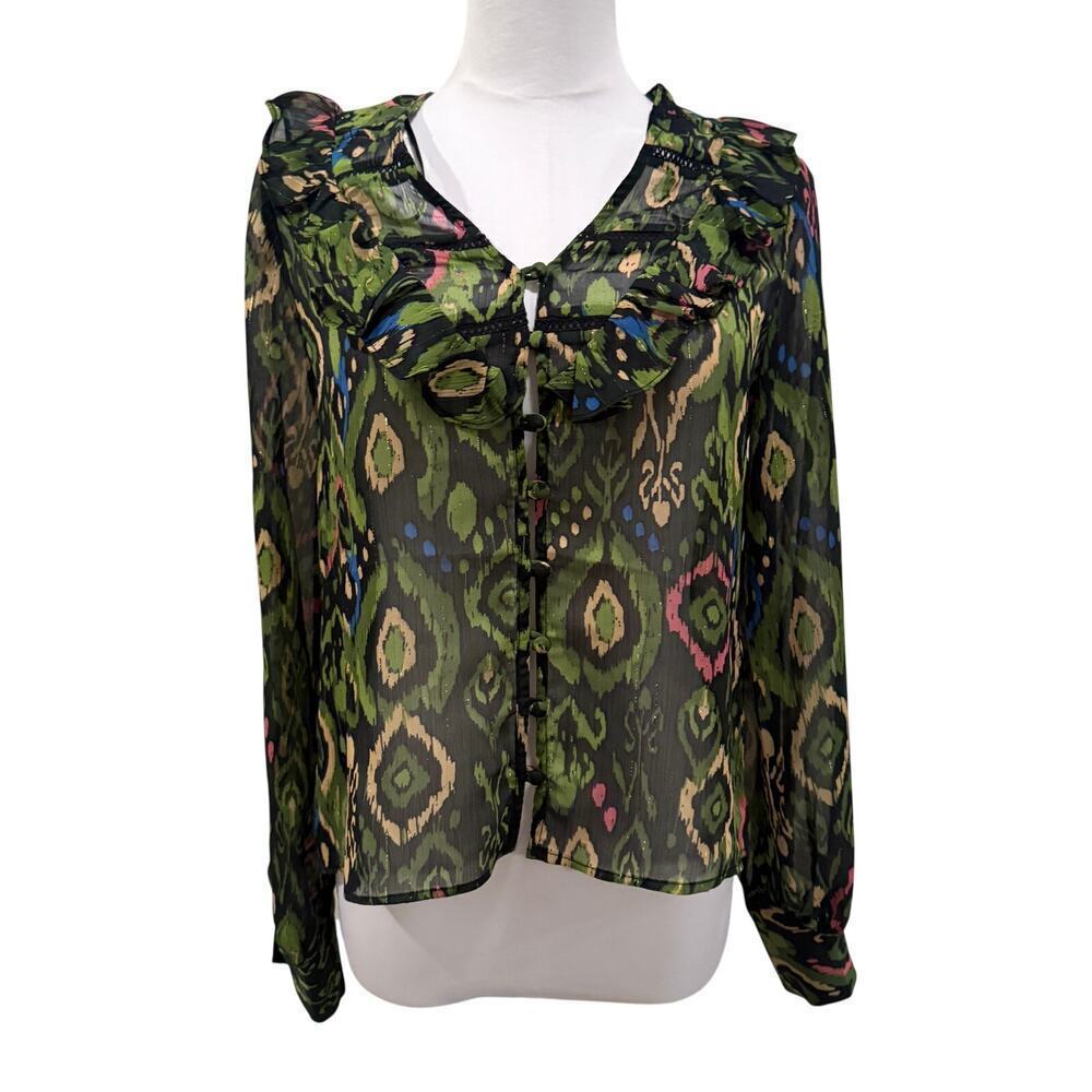 Muse Republic Ikat Green Black Sheer Blouse Ruffle Boho Romantic XS Indie Office